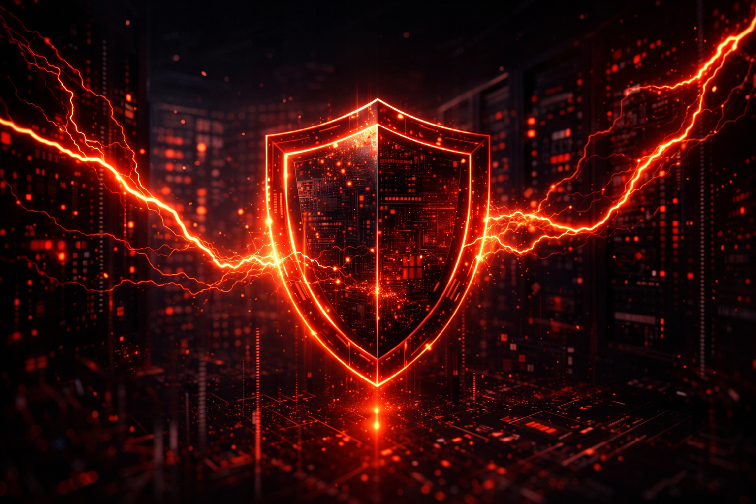 Cybersecurity operations center with red security overlays